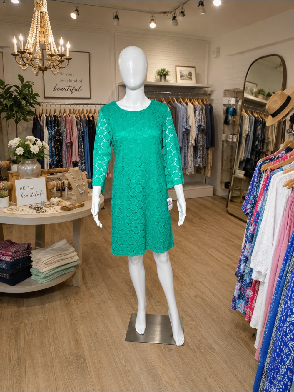 Ronni Nicole Green Floral Lace Midi Shift Dress